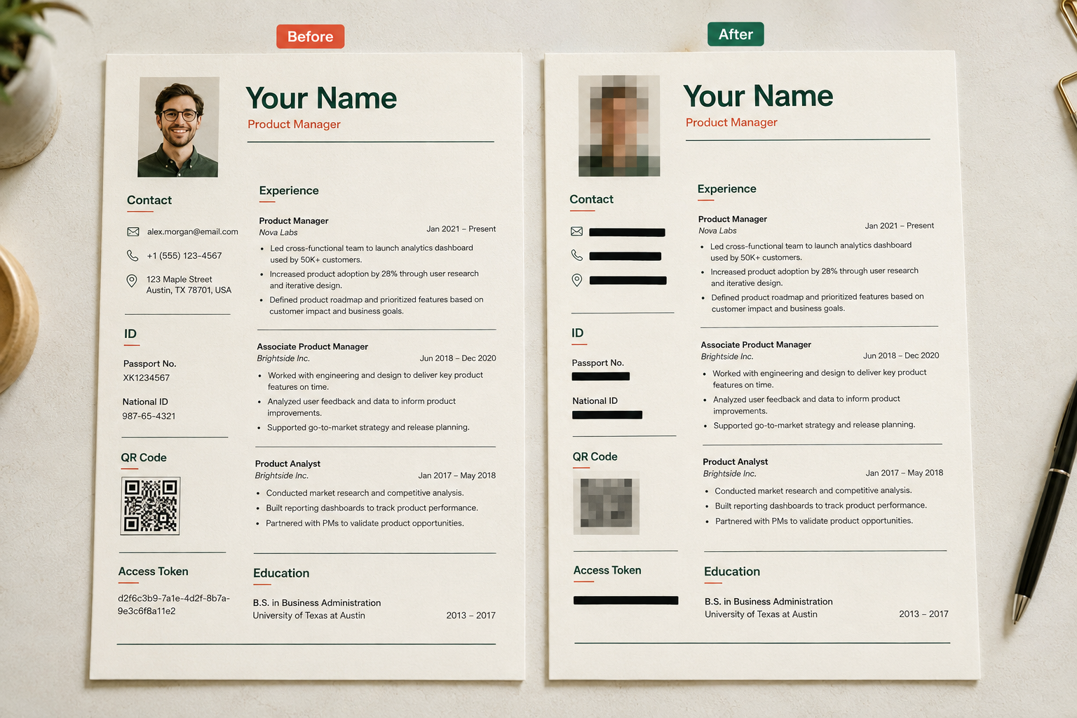 Before and after documents with sensitive details manually masked.