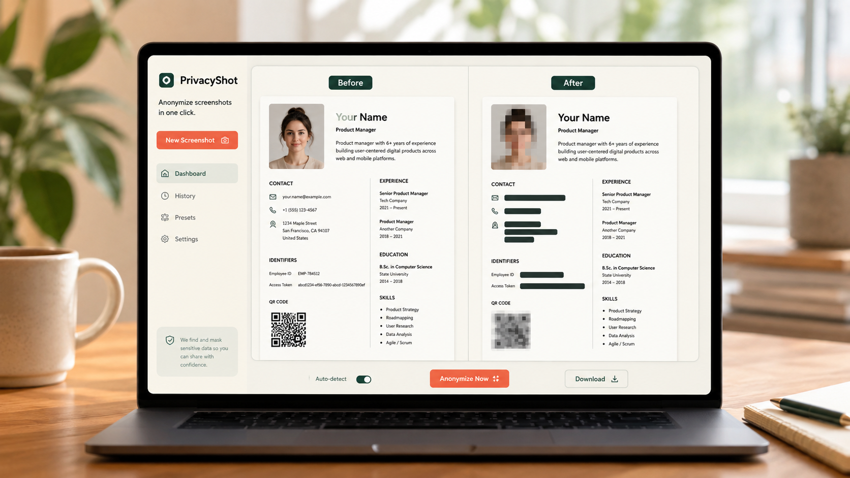 MaskBeforeShare shown on a laptop with a resume before and after anonymization